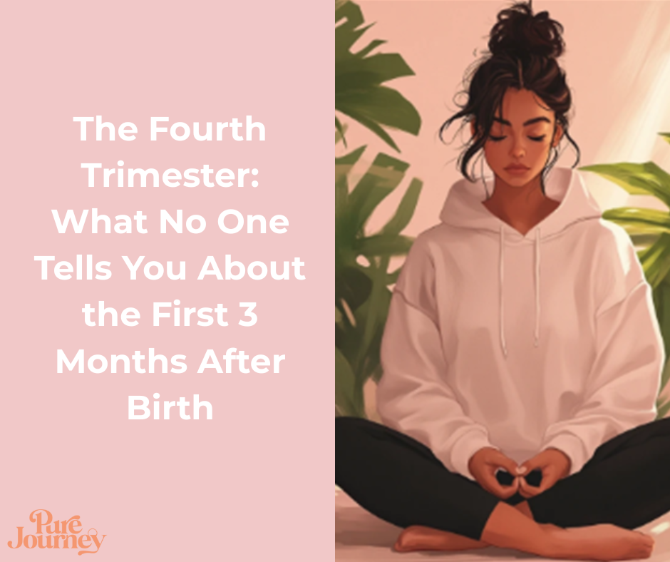 Young woman in comfortable white hoodie sitting cross-legged in meditation pose with eyes closed, surrounded by green plants, representing peaceful postpartum recovery and self-care during the fourth trimester