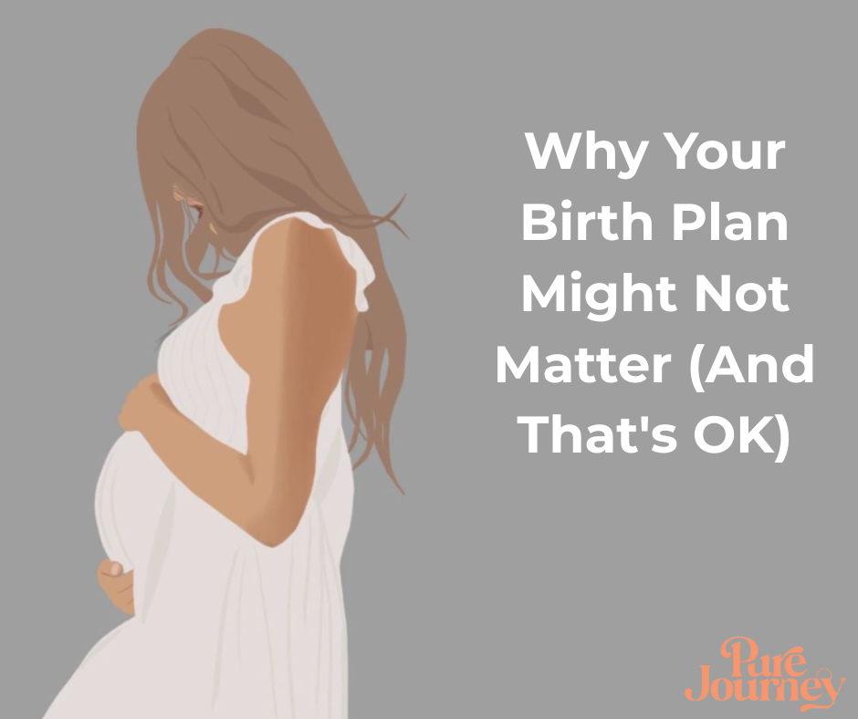 Pregnant woman in white dress holding her belly with both hands, representing the emotional journey of birth planning and flexibility during pregnancy