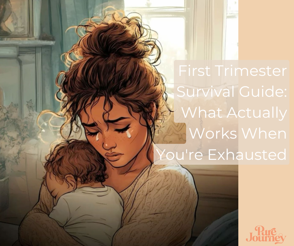 Exhausted pregnant woman with messy bun holding sleeping baby while looking tired, illustrating first trimester fatigue and the challenges of early pregnancy exhaustion