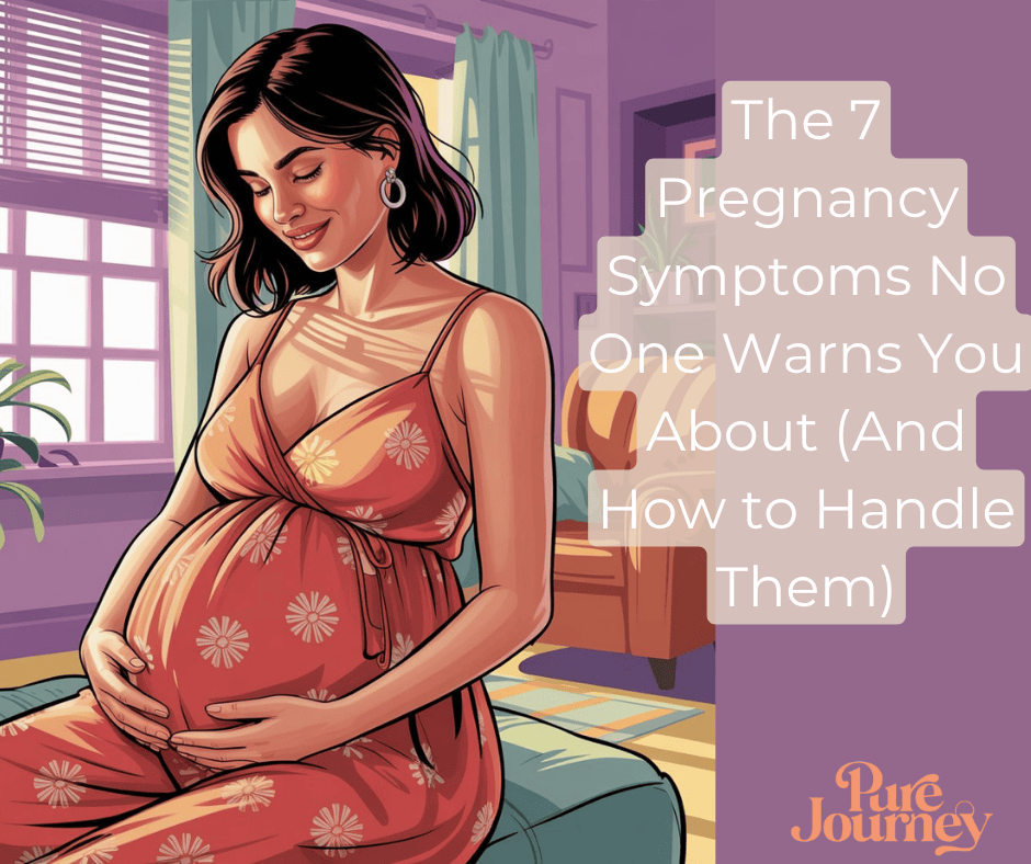 Serene pregnant woman in flowing orange dress gently cradling her baby bump in a sunlit purple-toned nursery room, representing maternal wellness and the unexpected journey of pregnancy symptoms.