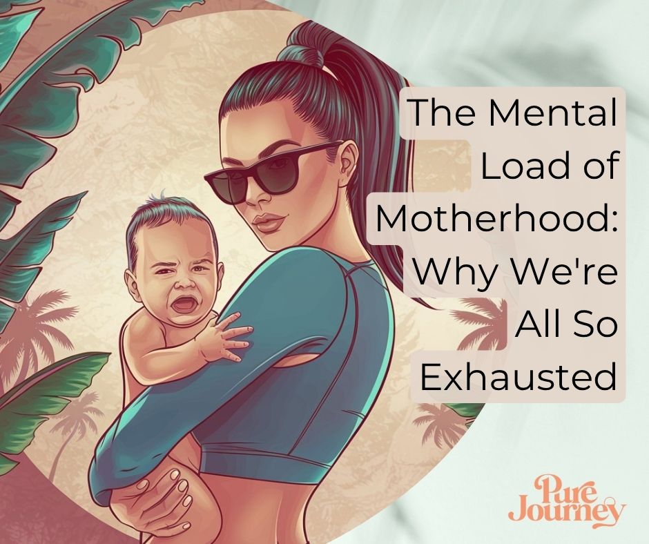 Exhausted mother in sunglasses holding crying baby while looking overwhelmed, illustrating the mental load and invisible work of motherhood that leaves mothers feeling constantly tired
