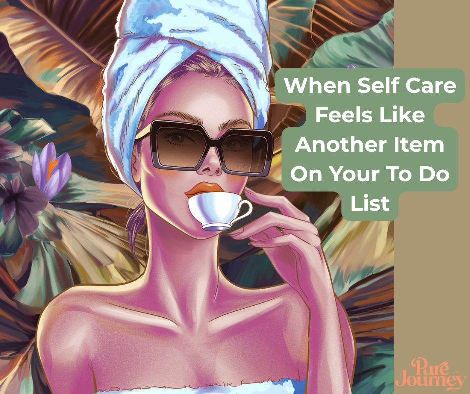 Relaxed woman in sunglasses and head wrap enjoying a peaceful coffee moment, representing realistic self-care for busy mothers - Pure Journey wellness blog