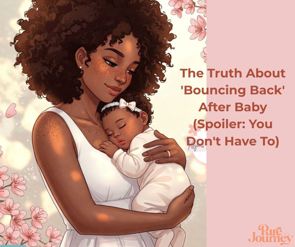 Peaceful illustration of a Black mother with natural curly hair wearing a white top, gently holding her sleeping newborn baby against her chest. Soft pink cherry blossoms frame the scene