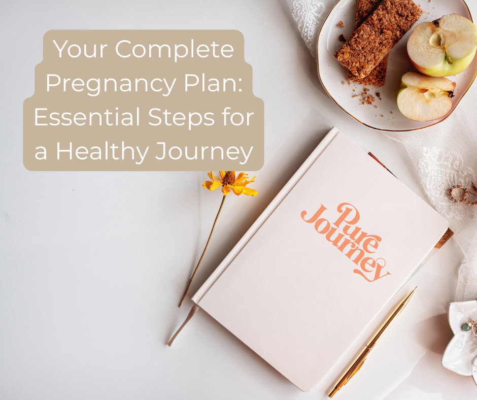 A servene picture of a flat lay journal, pen, drink and breakfast with the words: Your Complete Pregnancy Plan: Essential Steps for a Healthy Journey