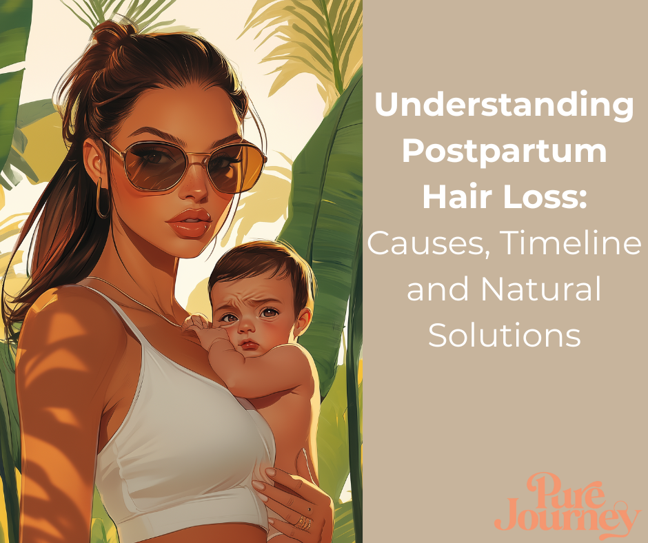 Woman holding baby, digital illustration with the words: understanding post partum hair loss: causes, timeline and natural solutions