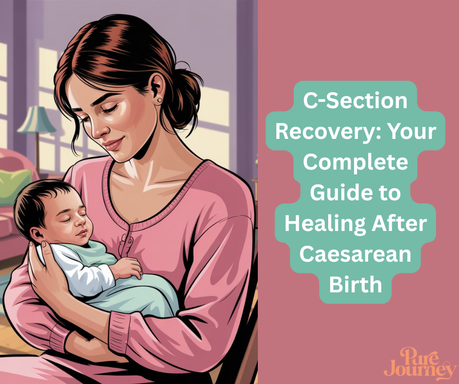 New mother in pink top gently holding sleeping newborn baby while recovering from C-section surgery, illustrating the healing journey after caesarean birth