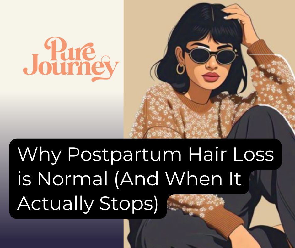 Young mother with short dark hair touching her head while wearing sunglasses and polka dot top, representing postpartum hair loss concerns and recovery journey