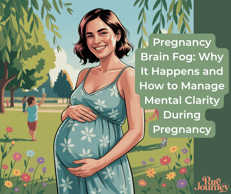Happy pregnant woman in floral dress cradling baby bump in peaceful garden setting, representing mental clarity and wellness during pregnancy