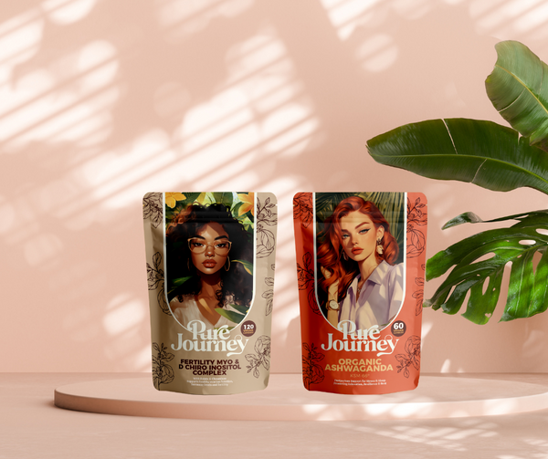 Pure Journey Fertility Myo & D Chiro Inositol Complex and Organic Ashwagandha KSM-66 vegan wellness supplements displayed with tropical leaves in natural sunlight