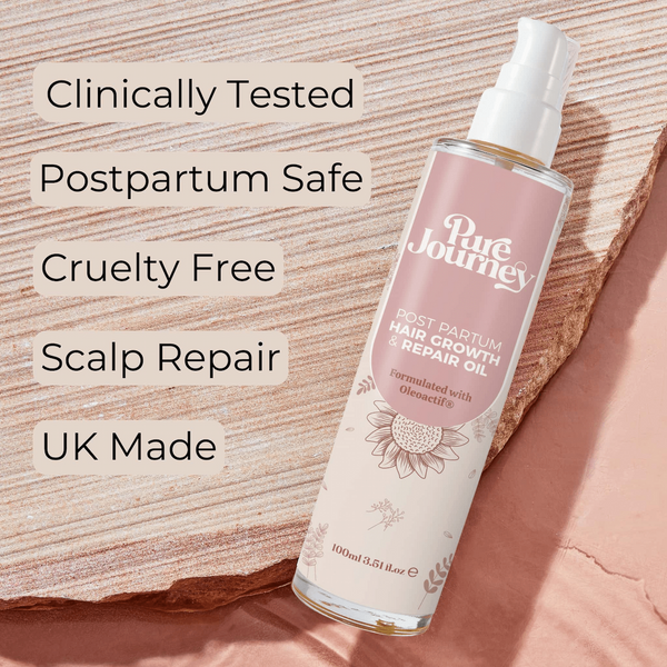 Pure Journey hair oil benefits - clinically tested, postpartum safe, cruelty free, scalp repair, UK made