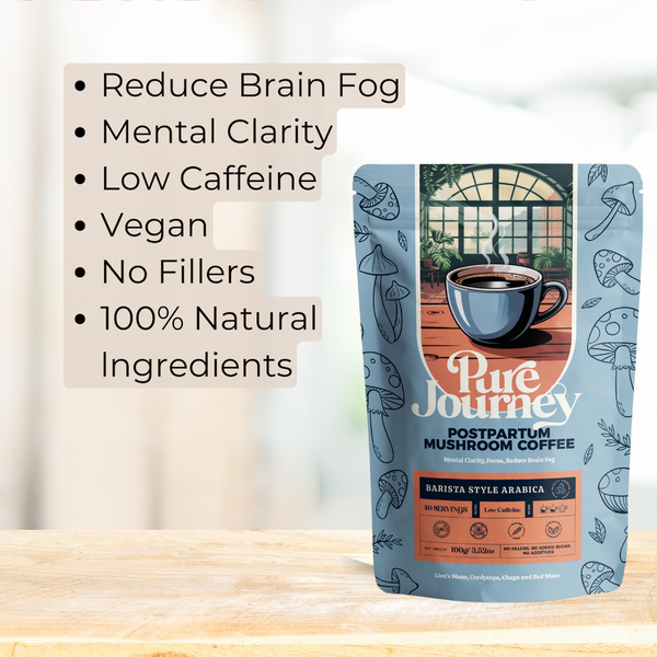 Post Partum Mushroom Coffee packaging - UK made vegan postpartum wellness coffee for new mothers brain fog and mental clarity support
