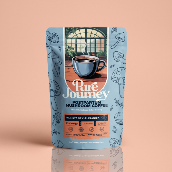 Postpartum brain fog relief coffee benefits - vegan mushroom coffee with natural ingredients for new mothers mental clarity and focus