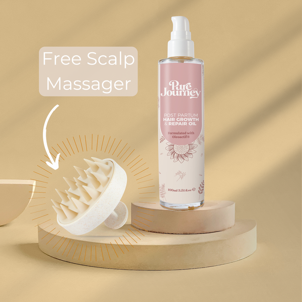 Pure Journey postpartum hair growth oil with silicone scalp massager for new mums hair loss treatment